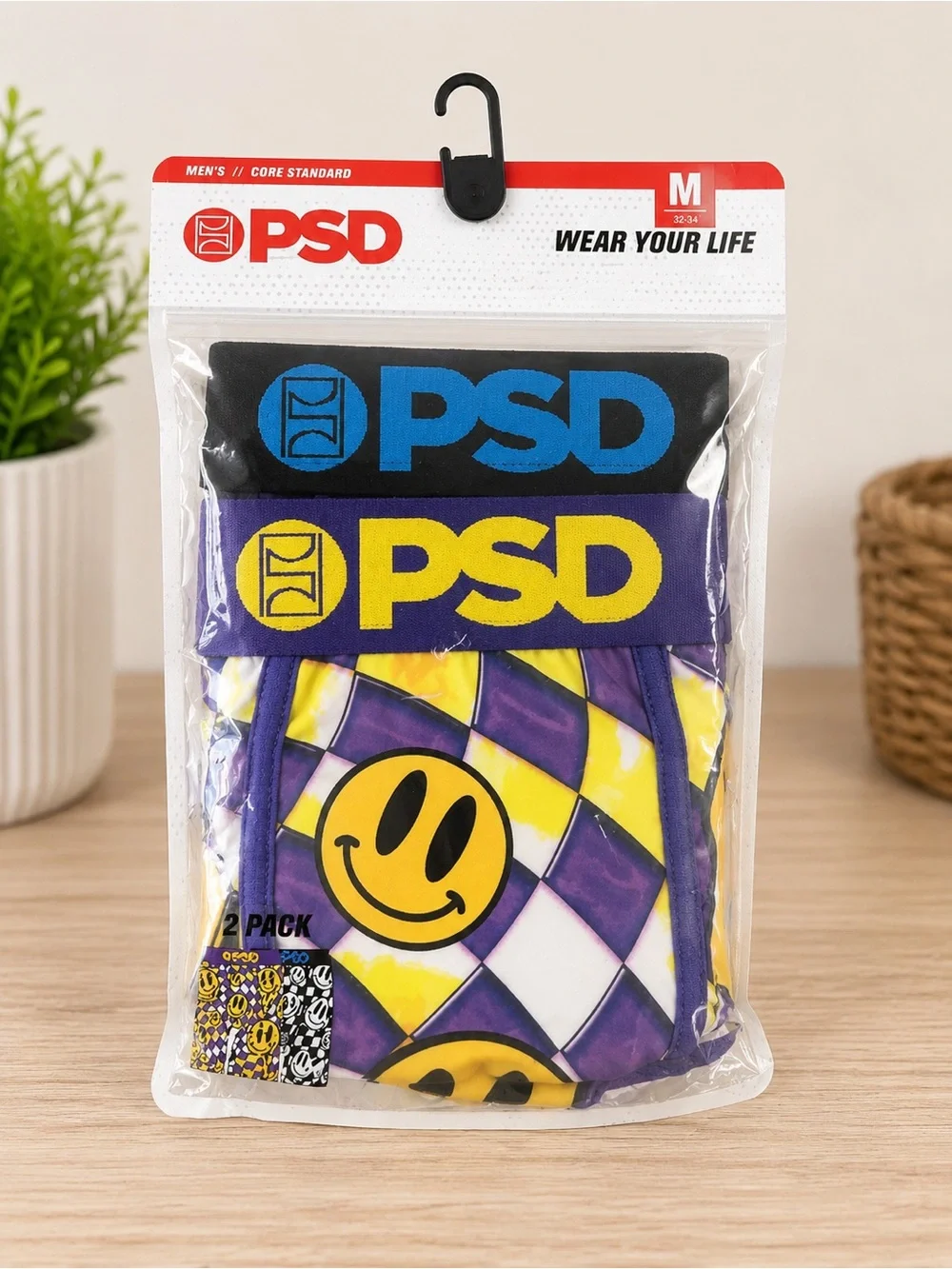 PSD Kids 2-Pack Smiley Face Boxer Briefs in Purple, Yellow & Black